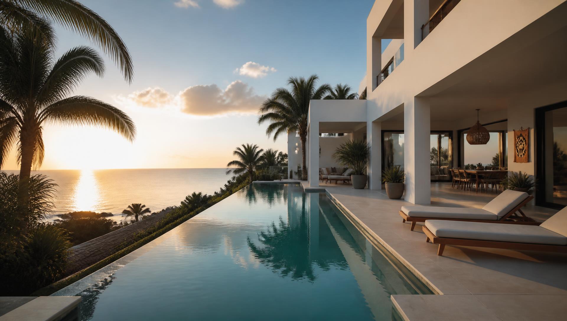 Moderne luxe villa aan zee op Curaçao bij zonsondergang